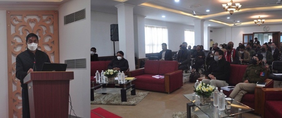 Tokheho Yepthomi addressing District Development Coordination & Monitoring Committee meeting in Mokokchung on March 1. (DIPR Photo)